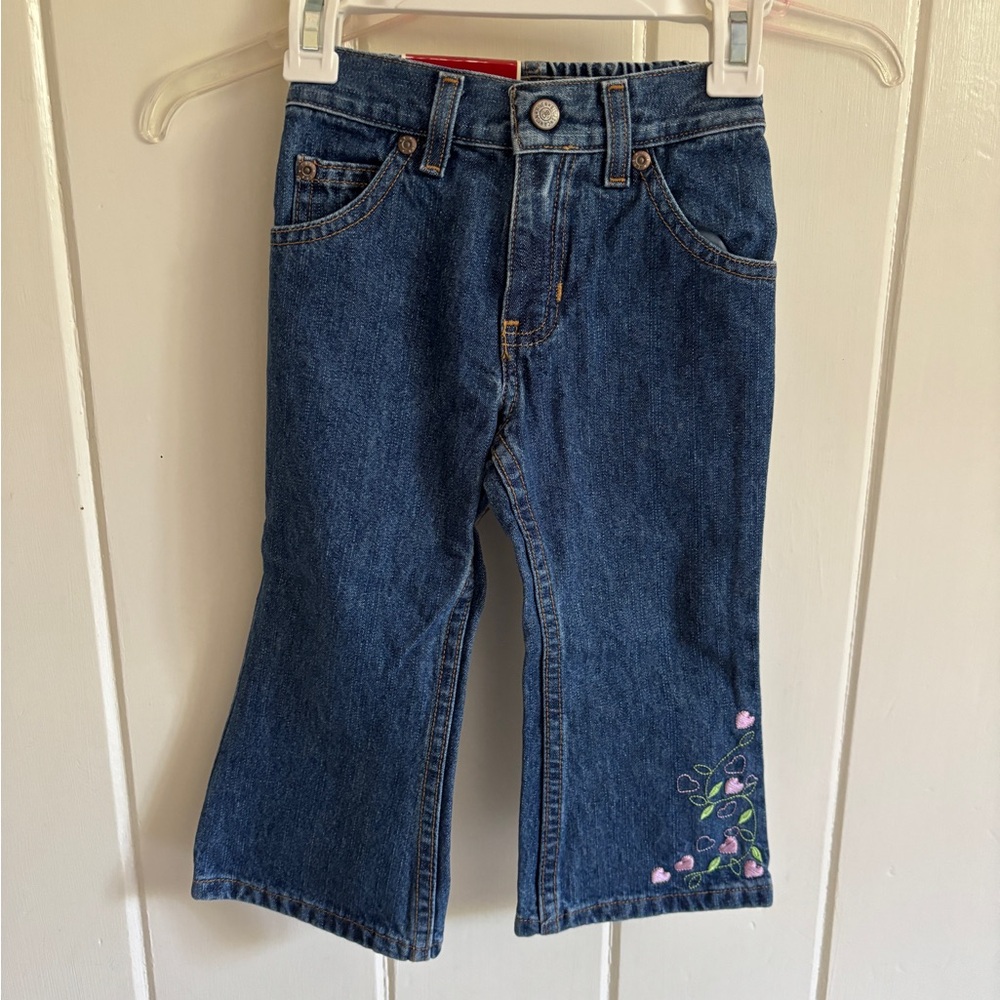 Canyon River Blues CRB Girls Denim Flared Jeans w/ pink hearts Embroidery 2T Vtg